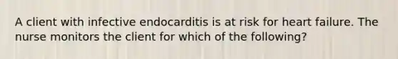 A client with infective endocarditis is at risk for heart failure. The nurse monitors the client for which of the following?