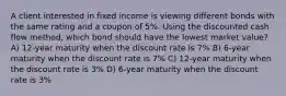 A client interested in fixed income is viewing different bonds with the same rating and a coupon of 5%. Using the discounted cash flow method, which bond should have the lowest market value? A) 12-year maturity when the discount rate is 7% B) 6-year maturity when the discount rate is 7% C) 12-year maturity when the discount rate is 3% D) 6-year maturity when the discount rate is 3%