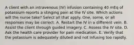 A client with an intravenous (IV) infusion containing 40 mEq of potassium reports a stinging pain at the IV site. Which actions will the nurse take? Select all that apply. One, some, or all responses may be correct. A. Restart the IV in a different vein. B. Assist the client through guided imagery. C. Assess the IV site. D. Ask the health care provider for pain medication. E. Verify that the potassium is adequately diluted and not infusing too rapidly.