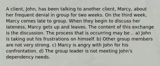 A client, John, has been talking to another client, Marcy, about her frequent denial in group for two weeks. On the third week, Marcy comes late to group. When they begin to discuss her lateness, Marcy gets up and leaves. The content of this exchange is the discussion. The process that is occurring may be .. a) John is taking out his frustrations on himself. b) Other group members are not very strong. c) Marcy is angry with John for his confrontation. d) The group leader is not meeting John's dependency needs.