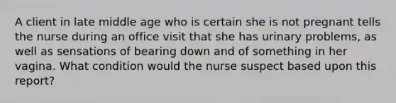 A client in late middle age who is certain she is not pregnant tells the nurse during an office visit that she has urinary problems, as well as sensations of bearing down and of something in her vagina. What condition would the nurse suspect based upon this report?