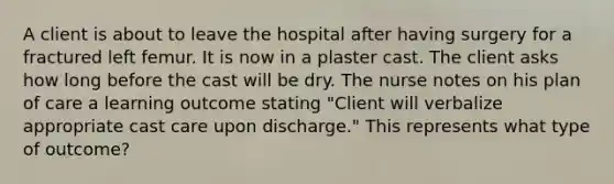 A client is about to leave the hospital after having surgery for a fractured left femur. It is now in a plaster cast. The client asks how long before the cast will be dry. The nurse notes on his plan of care a learning outcome stating "Client will verbalize appropriate cast care upon discharge." This represents what type of outcome?