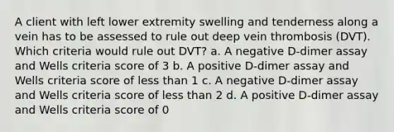 A client with left lower extremity swelling and tenderness along a vein has to be assessed to rule out deep vein thrombosis (DVT). Which criteria would rule out DVT? a. A negative D-dimer assay and Wells criteria score of 3 b. A positive D-dimer assay and Wells criteria score of less than 1 c. A negative D-dimer assay and Wells criteria score of less than 2 d. A positive D-dimer assay and Wells criteria score of 0