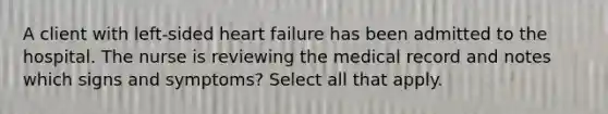 A client with left-sided heart failure has been admitted to the hospital. The nurse is reviewing the medical record and notes which signs and symptoms? Select all that apply.