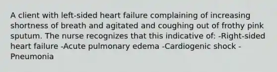 A client with left-sided heart failure complaining of increasing shortness of breath and agitated and coughing out of frothy pink sputum. The nurse recognizes that this indicative of: -Right-sided heart failure -Acute pulmonary edema -Cardiogenic shock -Pneumonia