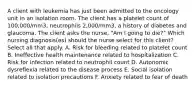 A client with leukemia has just been admitted to the oncology unit in an isolation room. The client has a platelet count of 100,000/mm3, neutrophils 2,000/mm3, a history of diabetes and glaucoma. The client asks the nurse, "Am I going to die?" Which nursing diagnosis(es) should the nurse select for this client? Select all that apply. A. Risk for bleeding related to platelet count B. Ineffective health maintenance related to hospitalization C. Risk for infection related to neutrophil count D. Autonomic dysreflexia related to the disease process E. Social isolation related to isolation precautions F. Anxiety related to fear of death