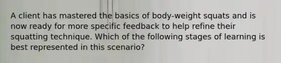 A client has mastered the basics of body-weight squats and is now ready for more specific feedback to help refine their squatting technique. Which of the following stages of learning is best represented in this scenario?