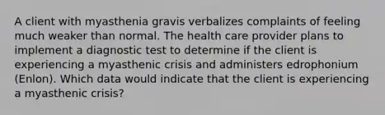 A client with myasthenia gravis verbalizes complaints of feeling much weaker than normal. The health care provider plans to implement a diagnostic test to determine if the client is experiencing a myasthenic crisis and administers edrophonium (Enlon). Which data would indicate that the client is experiencing a myasthenic crisis?