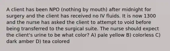 A client has been NPO (nothing by mouth) after midnight for surgery and the client has received no IV fluids. It is now 1300 and the nurse has asked the client to attempt to void before being transferred to the surgical suite. The nurse should expect the client's urine to be what color? A) pale yellow B) colorless C) dark amber D) tea colored