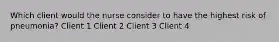 Which client would the nurse consider to have the highest risk of pneumonia? Client 1 Client 2 Client 3 Client 4