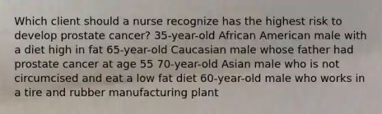 Which client should a nurse recognize has the highest risk to develop prostate cancer? 35-year-old African American male with a diet high in fat 65-year-old Caucasian male whose father had prostate cancer at age 55 70-year-old Asian male who is not circumcised and eat a low fat diet 60-year-old male who works in a tire and rubber manufacturing plant