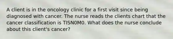 A client is in the oncology clinic for a first visit since being diagnosed with cancer. The nurse reads the clients chart that the cancer classification is TISN0M0. What does the nurse conclude about this client's cancer?