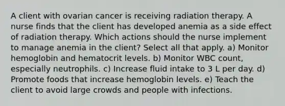 A client with ovarian cancer is receiving radiation therapy. A nurse finds that the client has developed anemia as a side effect of radiation therapy. Which actions should the nurse implement to manage anemia in the client? Select all that apply. a) Monitor hemoglobin and hematocrit levels. b) Monitor WBC count, especially neutrophils. c) Increase fluid intake to 3 L per day. d) Promote foods that increase hemoglobin levels. e) Teach the client to avoid large crowds and people with infections.