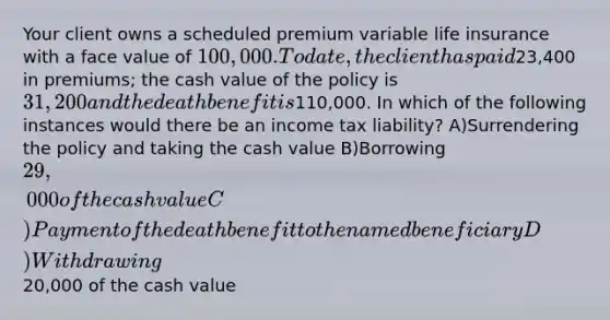 Your client owns a scheduled premium variable life insurance with a face value of 100,000. To date, the client has paid23,400 in premiums; the cash value of the policy is 31,200 and the death benefit is110,000. In which of the following instances would there be an income tax liability? A)Surrendering the policy and taking the cash value B)Borrowing 29,000 of the cash value C)Payment of the death benefit to the named beneficiary D)Withdrawing20,000 of the cash value