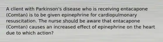 A client with​ Parkinson's disease who is receiving entacapone​ (Comtan) is to be given epinephrine for cardiopulmonary resuscitation. The nurse should be aware that entacapone​ (Comtan) causes an increased effect of epinephrine on the heart due to which​ action?