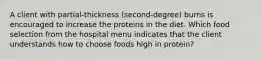 A client with partial-thickness (second-degree) burns is encouraged to increase the proteins in the diet. Which food selection from the hospital menu indicates that the client understands how to choose foods high in protein?