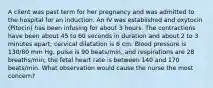 A client was past term for her pregnancy and was admitted to the hospital for an induction. An IV was established and oxytocin (Pitocin) has been infusing for about 3 hours. The contractions have been about 45 to 60 seconds in duration and about 2 to 3 minutes apart; cervical dilatation is 6 cm. Blood pressure is 130/80 mm Hg, pulse is 90 beats/min, and respirations are 28 breaths/min; the fetal heart rate is between 140 and 170 beats/min. What observation would cause the nurse the most concern?