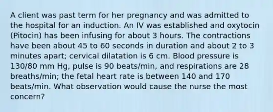 A client was past term for her pregnancy and was admitted to the hospital for an induction. An IV was established and oxytocin (Pitocin) has been infusing for about 3 hours. The contractions have been about 45 to 60 seconds in duration and about 2 to 3 minutes apart; cervical dilatation is 6 cm. Blood pressure is 130/80 mm Hg, pulse is 90 beats/min, and respirations are 28 breaths/min; the fetal heart rate is between 140 and 170 beats/min. What observation would cause the nurse the most concern?