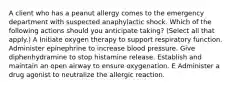 A client who has a peanut allergy comes to the emergency department with suspected anaphylactic shock. Which of the following actions should you anticipate taking? (Select all that apply.) A Initiate oxygen therapy to support respiratory function. Administer epinephrine to increase blood pressure. Give diphenhydramine to stop histamine release. Establish and maintain an open airway to ensure oxygenation. E Administer a drug agonist to neutralize the allergic reaction.