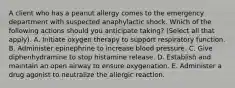 A client who has a peanut allergy comes to the emergency department with suspected anaphylactic shock. Which of the following actions should you anticipate taking? (Select all that apply). A. Initiate oxygen therapy to support respiratory function. B. Administer epinephrine to increase blood pressure. C. Give diphenhydramine to stop histamine release. D. Establish and maintain an open airway to ensure oxygenation. E. Administer a drug agonist to neutralize the allergic reaction.