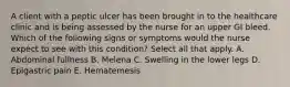 A client with a peptic ulcer has been brought in to the healthcare clinic and is being assessed by the nurse for an upper GI bleed. Which of the following signs or symptoms would the nurse expect to see with this condition? Select all that apply. A. Abdominal fullness B. Melena C. Swelling in the lower legs D. Epigastric pain E. Hematemesis