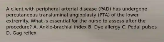 A client with peripheral arterial disease (PAD) has undergone percutaneous transluminal angioplasty (PTA) of the lower extremity. What is essential for the nurse to assess after the procedure? A. Ankle-brachial index B. Dye allergy C. Pedal pulses D. Gag reflex