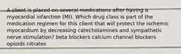 A client is placed on several medications after having a myocardial infarction (MI). Which drug class is part of the medication regimen for this client that will protect the ischemic myocardium by decreasing catecholamines and sympathetic nerve stimulation? beta blockers calcium channel blockers opioids nitrates