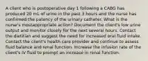 A client who is postoperative day 1 following a CABG has produced 20 mL of urine in the past 3 hours and the nurse has confirmed the patency of the urinary catheter. What is the nurse's mostappropriate action? Document the client's low urine output and monitor closely for the next several hours. Contact the dietitian and suggest the need for increased oral fluid intake. Contact the client's health care provider and continue to assess fluid balance and renal function. Increase the infusion rate of the client's IV fluid to prompt an increase in renal function.