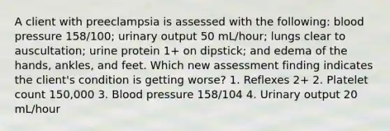 A client with preeclampsia is assessed with the following: blood pressure 158/100; urinary output 50 mL/hour; lungs clear to auscultation; urine protein 1+ on dipstick; and edema of the hands, ankles, and feet. Which new assessment finding indicates the client's condition is getting worse? 1. Reflexes 2+ 2. Platelet count 150,000 3. Blood pressure 158/104 4. Urinary output 20 mL/hour