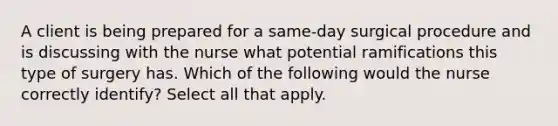 A client is being prepared for a same-day surgical procedure and is discussing with the nurse what potential ramifications this type of surgery has. Which of the following would the nurse correctly identify? Select all that apply.