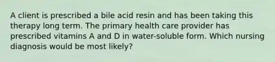 A client is prescribed a bile acid resin and has been taking this therapy long term. The primary health care provider has prescribed vitamins A and D in water-soluble form. Which nursing diagnosis would be most likely?