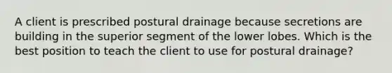 A client is prescribed postural drainage because secretions are building in the superior segment of the lower lobes. Which is the best position to teach the client to use for postural drainage?