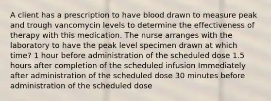 A client has a prescription to have blood drawn to measure peak and trough vancomycin levels to determine the effectiveness of therapy with this medication. The nurse arranges with the laboratory to have the peak level specimen drawn at which time? 1 hour before administration of the scheduled dose 1.5 hours after completion of the scheduled infusion Immediately after administration of the scheduled dose 30 minutes before administration of the scheduled dose