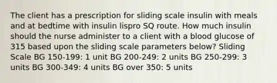 The client has a prescription for sliding scale insulin with meals and at bedtime with insulin lispro SQ route. How much insulin should the nurse administer to a client with a blood glucose of 315 based upon the sliding scale parameters below? Sliding Scale BG 150-199: 1 unit BG 200-249: 2 units BG 250-299: 3 units BG 300-349: 4 units BG over 350: 5 units