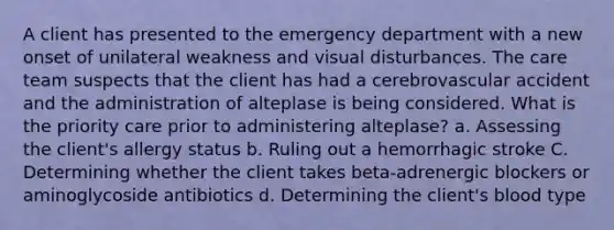 A client has presented to the emergency department with a new onset of unilateral weakness and visual disturbances. The care team suspects that the client has had a cerebrovascular accident and the administration of alteplase is being considered. What is the priority care prior to administering alteplase? a. Assessing the client's allergy status b. Ruling out a hemorrhagic stroke C. Determining whether the client takes beta-adrenergic blockers or aminoglycoside antibiotics d. Determining the client's blood type