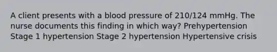 A client presents with a blood pressure of​ 210/124 mmHg. The nurse documents this finding in which​ way? Prehypertension Stage 1 hypertension Stage 2 hypertension Hypertensive crisis