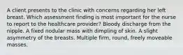 A client presents to the clinic with concerns regarding her left breast. Which assessment finding is most important for the nurse to report to the healthcare provider? Bloody discharge from the nipple. A fixed nodular mass with dimpling of skin. A slight asymmetry of the breasts. Multiple firm, round, freely moveable masses.