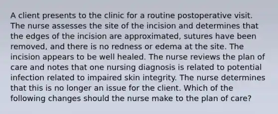 A client presents to the clinic for a routine postoperative visit. The nurse assesses the site of the incision and determines that the edges of the incision are approximated, sutures have been removed, and there is no redness or edema at the site. The incision appears to be well healed. The nurse reviews the plan of care and notes that one nursing diagnosis is related to potential infection related to impaired skin integrity. The nurse determines that this is no longer an issue for the client. Which of the following changes should the nurse make to the plan of care?