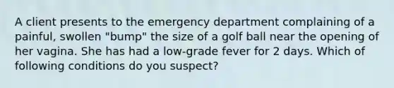 A client presents to the emergency department complaining of a painful, swollen "bump" the size of a golf ball near the opening of her vagina. She has had a low-grade fever for 2 days. Which of following conditions do you suspect?