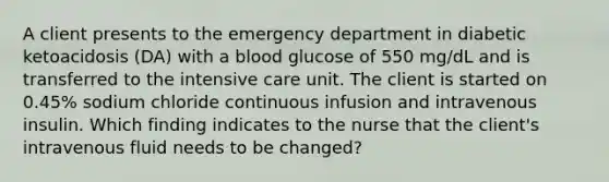 A client presents to the emergency department in diabetic ketoacidosis (DA) with a blood glucose of 550 mg/dL and is transferred to the intensive care unit. The client is started on 0.45% sodium chloride continuous infusion and intravenous insulin. Which finding indicates to the nurse that the client's intravenous fluid needs to be changed?