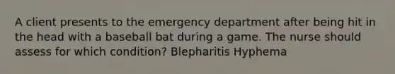 A client presents to the emergency department after being hit in the head with a baseball bat during a game. The nurse should assess for which condition? Blepharitis Hyphema