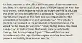 A client presents to the office with concerns of low testosterone and feels it is due to a pituitary gland disorder based on what her read online. Which teaching would the nurse provide to educate this client on how testosterone is produced? "Gonads are the reproductive organs of the male and are responsible for the production of testosterone and spermatozoa." "The pituitary gland is not involved in the production of testosterone so this would not be cause for concern." "Injury to the testes can cause a reduction in testosterone that would only be noticeable through hair loss and weight gain." "Seminal fluid carries testosterone to the reproductive organs so a low level would prevent an inability to obtain an erection."