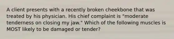 A client presents with a recently broken cheekbone that was treated by his physician. His chief complaint is "moderate tenderness on closing my jaw." Which of the following muscles is MOST likely to be damaged or tender?