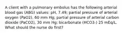 A client with a pulmonary embolus has the following arterial blood gas (ABG) values: pH, 7.49; partial pressure of arterial oxygen (PaO2), 60 mm Hg; partial pressure of arterial carbon dioxide (PaCO2), 30 mm Hg; bicarbonate (HCO3-) 25 mEq/L. What should the nurse do first?