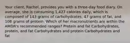 Your client, Rachel, provides you with a three-day food diary. On average, she is consuming 1,427 calories daily, which is composed of 143 grams of carbohydrates, 47 grams of fat, and 108 grams of protein. Which of her macronutrients are within the AMDR's recommended ranges? Protein and fat Carbohydrates, protein, and fat Carbohydrates and protein Carbohydrates and fat