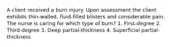 A client received a burn injury. Upon assessment the client exhibits thin-walled, fluid-filled blisters and considerable pain. The nurse is caring for which type of burn? 1. First-degree 2. Third-degree 3. Deep partial-thickness 4. Superficial partial-thickness