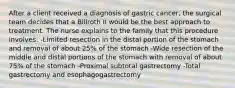 After a client received a diagnosis of gastric cancer, the surgical team decides that a Billroth II would be the best approach to treatment. The nurse explains to the family that this procedure involves: -Limited resection in the distal portion of the stomach and removal of about 25% of the stomach -Wide resection of the middle and distal portions of the stomach with removal of about 75% of the stomach -Proximal subtotal gastrectomy -Total gastrectomy and esophagogastrectomy