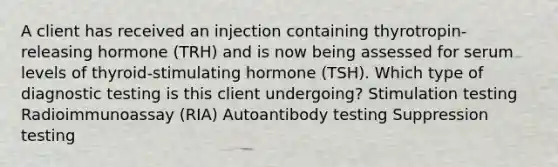 A client has received an injection containing thyrotropin-releasing hormone (TRH) and is now being assessed for serum levels of thyroid-stimulating hormone (TSH). Which type of diagnostic testing is this client undergoing? Stimulation testing Radioimmunoassay (RIA) Autoantibody testing Suppression testing