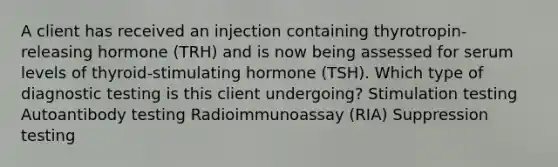 A client has received an injection containing thyrotropin-releasing hormone (TRH) and is now being assessed for serum levels of thyroid-stimulating hormone (TSH). Which type of diagnostic testing is this client undergoing? Stimulation testing Autoantibody testing Radioimmunoassay (RIA) Suppression testing