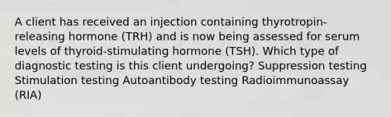 A client has received an injection containing thyrotropin-releasing hormone (TRH) and is now being assessed for serum levels of thyroid-stimulating hormone (TSH). Which type of diagnostic testing is this client undergoing? Suppression testing Stimulation testing Autoantibody testing Radioimmunoassay (RIA)